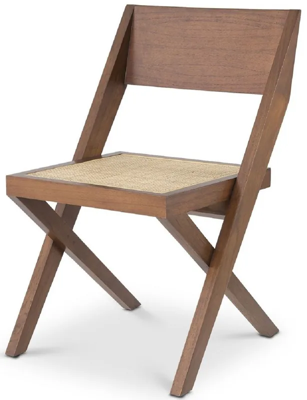 Casa Padrino Luxus Esszimmerstuhl Braun / Naturfarben 53 x 56 x H. 85 cm - Massivholz Stuhl mit Rattangeflecht - Luxus Esszimmer Möbel Aktuell