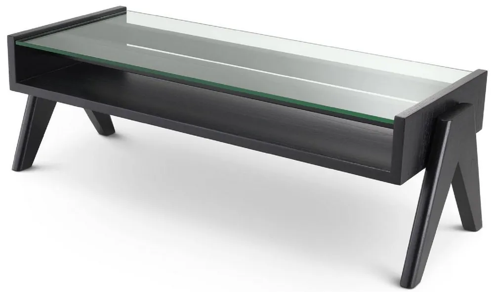 Casa Padrino Luxus Couchtisch Schwarz 120 x 46 x H. 39,5 cm - Rechteckiger Massivholz Wohnzimmertisch mit Glasplatte - Luxus Wohnzimmer Möbel Versand Am Gleichen Tag