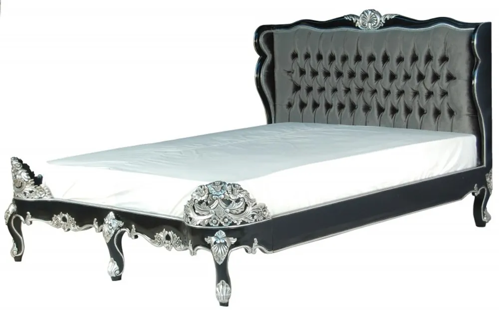 Finale Aktion Casa Padrino Barock Bett Barocco Splendid Schwarz / Silber Satinstoff 180 x 200 cm