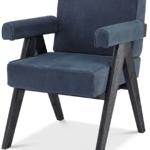 Meistverkauft Casa Padrino Luxus Echtleder Esszimmerstuhl mit Armlehnen Blau / Schwarz 64 x 70 x H. 87,5 cm - Küchenstuhl mit edlem Nubuk Büffelleder - Luxus Esszimmer Möbel