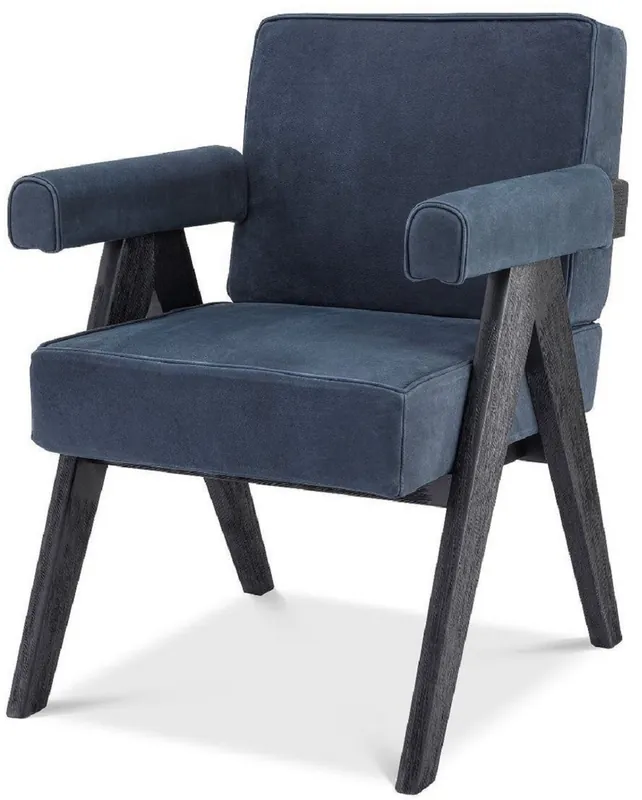 Meistverkauft Casa Padrino Luxus Echtleder Esszimmerstuhl mit Armlehnen Blau / Schwarz 64 x 70 x H. 87,5 cm - Küchenstuhl mit edlem Nubuk Büffelleder - Luxus Esszimmer Möbel