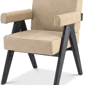 Casa Padrino Luxus Echtleder Esszimmerstuhl mit Armlehnen Beige / Schwarz 64 x 70 x H. 87,5 cm - Küchenstuhl mit edlem Nubuk Büffelleder - Luxus Esszimmer Möbel Ausverkauf