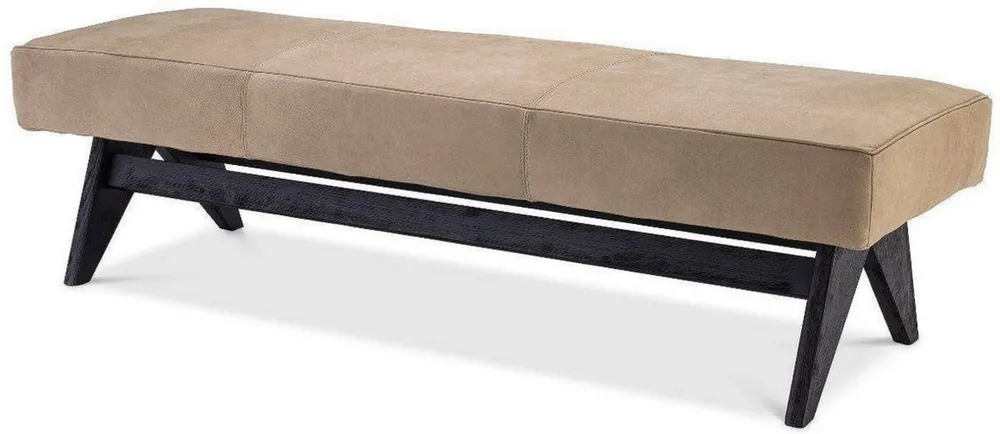 Casa Padrino Luxus Echtleder Bank Beige / Schwarz 164 x 54 x H. 44 cm - Gepolsterte Massivholz Sitzbank mit edlem Nubuk Büffelleder - Luxus Möbel Jetzt Bestellen