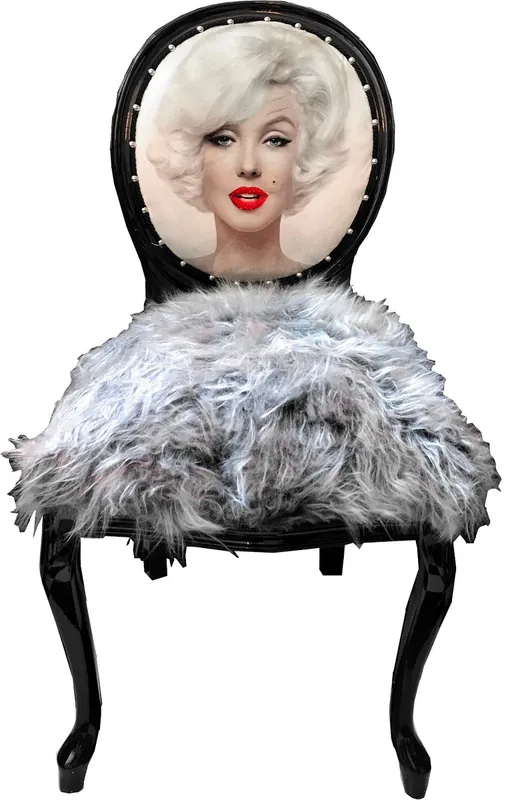 Casa Padrino Luxus Barock Esszimmer Stuhl Marilyn Monroe Grau / Schwarz 50 x 60 x H. 104 cm - Handgefertigter Pop Art Designer Stuhl mit Kunstfell - Barock Esszimmer Möbel Bestseller