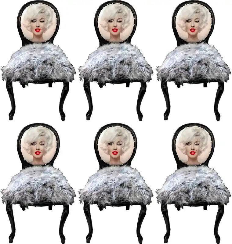 Jetzt Kaufen Casa Padrino Luxus Barock Esszimmerstuhl Set Marilyn Monroe Grau / Schwarz 50 x 60 x H. 104 cm - Handgefertigte Pop Art Designer Stühle mit Kunstfell - Barock Esszimmer Möbel