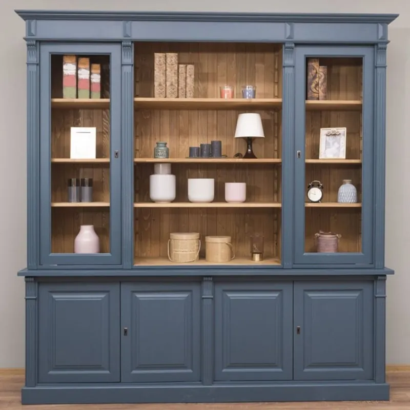 Top-Seller Casa Padrino Landhausstil Wohnzimmerschrank Blau / Naturfarben 223 x 51 x H. 228 cm - Massivholz Schrank - Bücherschrank - Regalschrank - Landhausstil Möbel