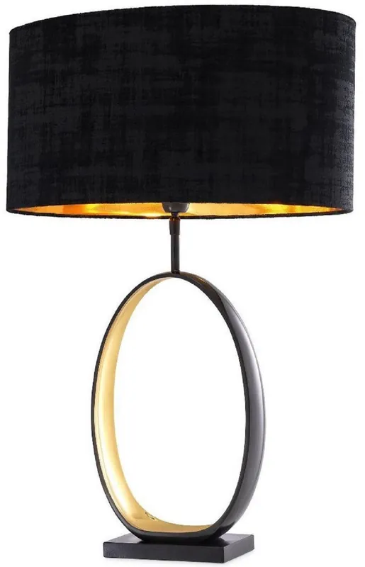 Echt Casa Padrino Luxus Tischleuchte Anthrazitgrau / Gold / Schwarz Ø 50,5 x H. 74 cm - Moderne Tischlampe mit Granitsockel und rundem Lampenschirm - Wohnzimmer Lampe