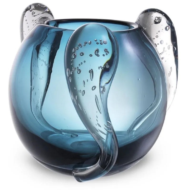 Schnäppchen Casa Padrino Luxus Deko Glas Vase Blau Ø 23 x H. 24 cm - Elegante mundgeblasene Blumenvase - Luxus Deko Accessoires