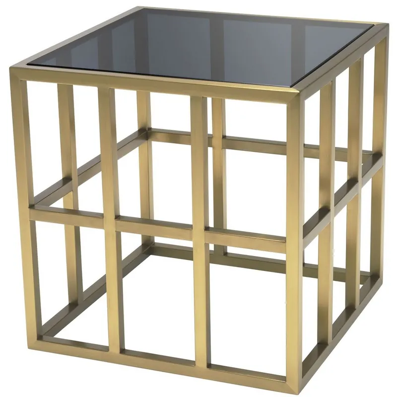 Casa Padrino Luxus Beistelltisch in Würfelform Messingfarben / Grau 45 x 45 x H. 45 cm - Edelstahl Tisch mit Glasplatte - Wohnzimmer Möbel - Luxus Kollektion Letzte Chance