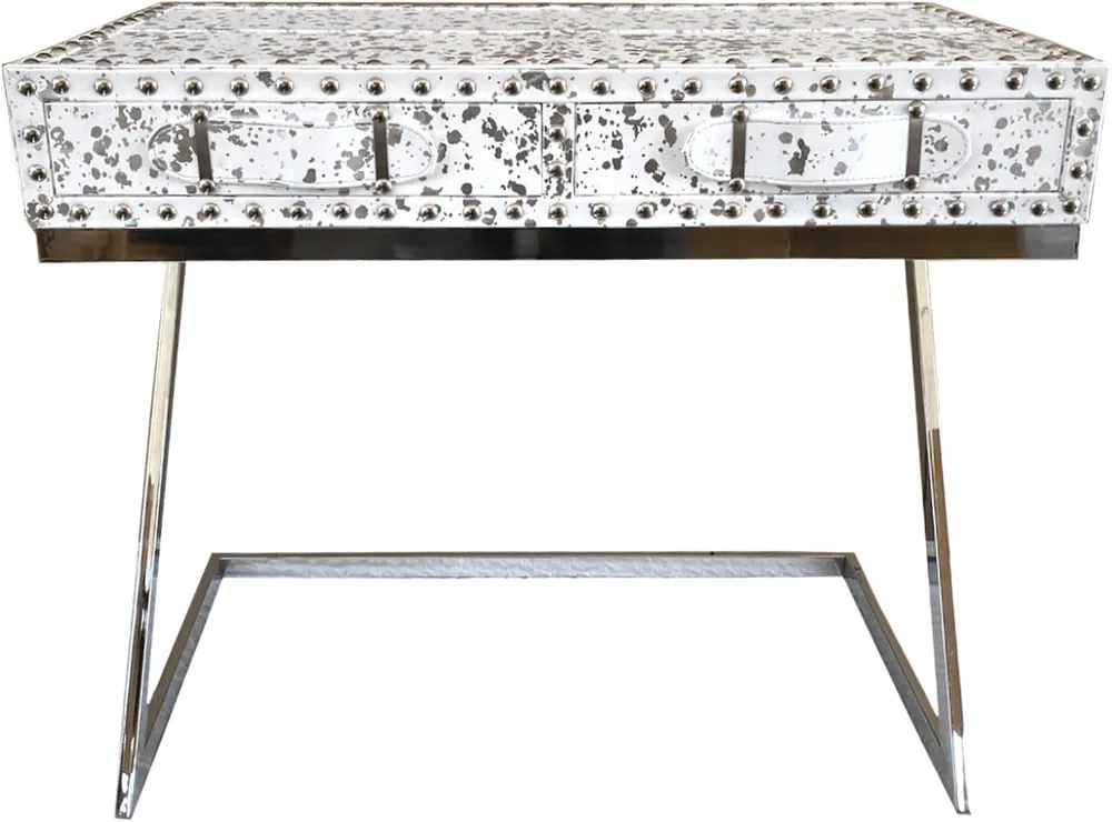 Expressversand Casa Padrino Luxus Schreibtisch mit 2 Schubladen Weiß / Silber 110 x 50 x H75 Leder / Metall - Sekretär