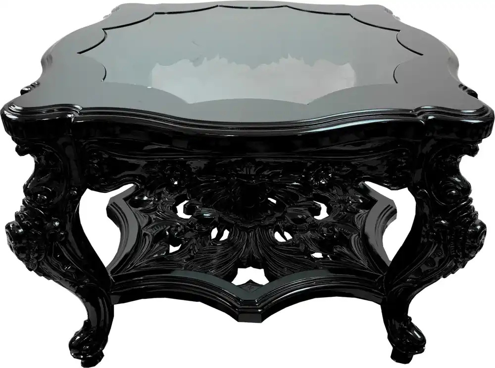 Prachtvoller handgeschnitzer Luxus Barock Couchtisch Schwarz mit eingesetzter Glasplatte 76 x 76 x H 52.5 cm von Casa Padrino Sale
