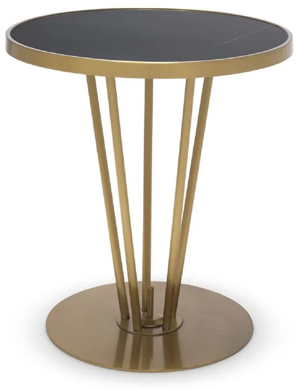 Casa Padrino Luxus Beistelltisch Messingfarben / Schwarz Ø 49,5 x H. 54 cm - Runder Edelstahl Tisch mit geschliffener Marmorplatte - Wohnzimmer Möbel - Luxus Möbel Angebot