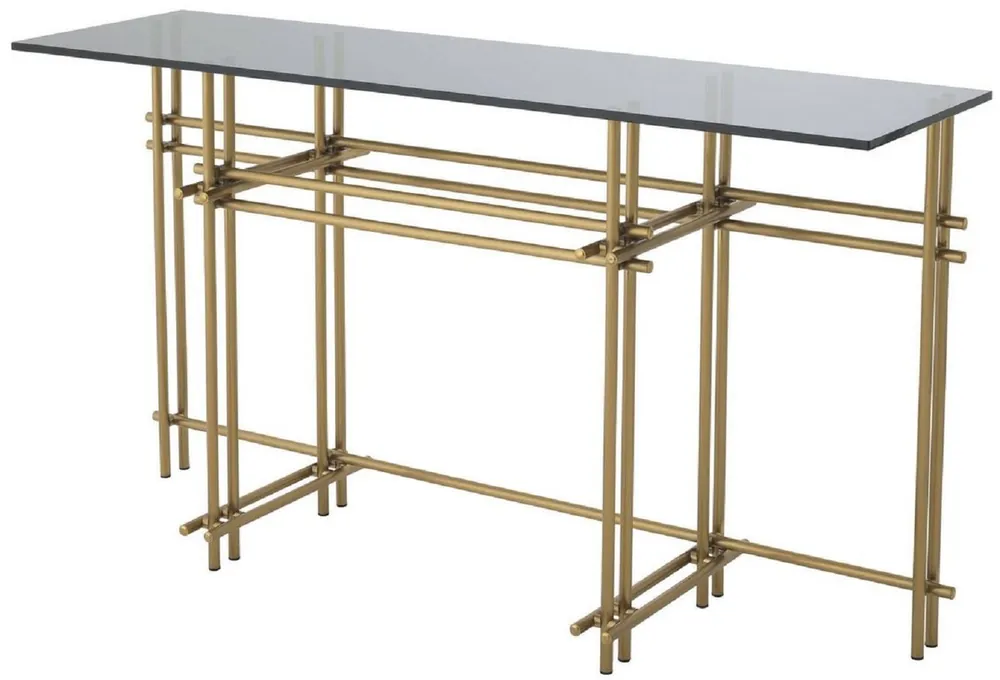 Casa Padrino Designer Konsole Messingfarben / Grau 131 x 36,5 x H. 73 cm - Edelstahl Konsolentisch mit Glasplatte - Designer Möbel - Luxus Qualität Angebot