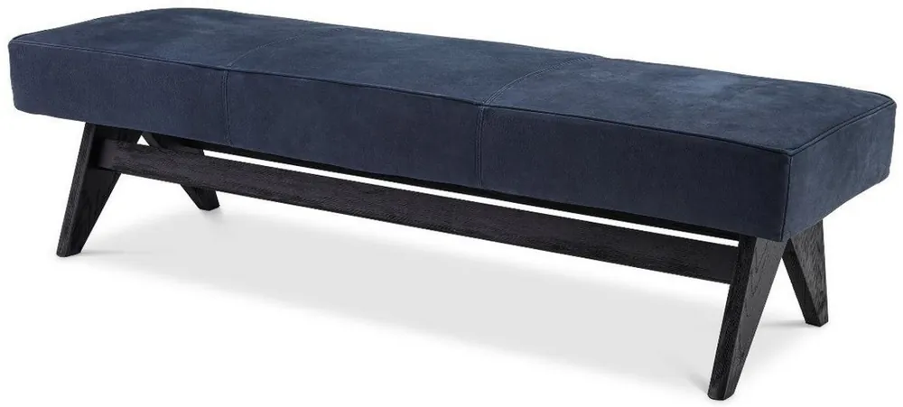 Casa Padrino Luxus Echtleder Bank Blau / Schwarz 164 x 54 x H. 44 cm - Gepolsterte Massivholz Sitzbank mit edlem Nubuk Büffelleder - Luxus Möbel Angebot