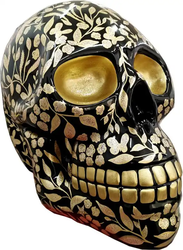 Günstig Casa Padrino Designer Deko Skulptur Totenkopf mit Glitzer Look Schwarz / Gold 44 x 58 x H. 66 cm - Wetterbeständige Dekofigur - Wohnzimmer Deko - Garten Deko Skull