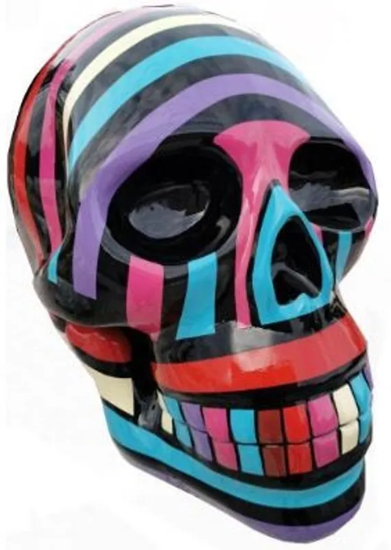 Casa Padrino Designer Deko Skulptur Totenkopf Schwarz / Bunt 44 x 58 x H. 66 cm - Wetterbeständige Dekofigur - Wohnzimmer Deko - Garten Deko Sonderaktion