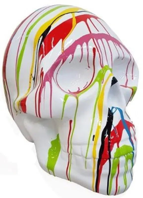Casa Padrino Designer Deko Skulptur Totenkopf Weiß / Mehrfarbig 44 x 58 x H. 66 cm - Wetterbeständige Dekofigur - Wohnzimmer Deko - Garten Deko Top-Seller