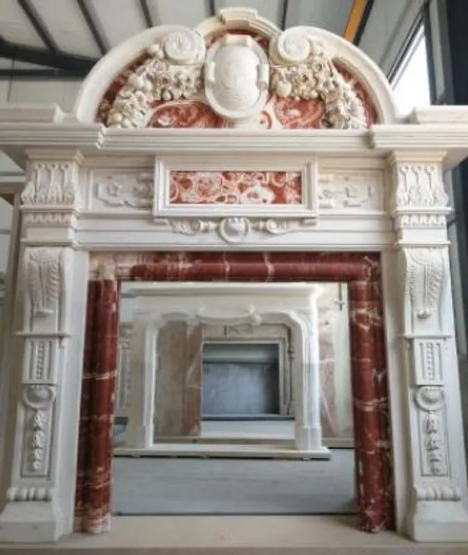 Casa Padrino Luxus Barock Kaminumrandung Weiß / Rot 208 x 38 x H. 243 cm - Prunkvolle Kaminumrandung aus hochwertigem Marmor - Marmor Möbel im Barockstil Preis Gesenkt