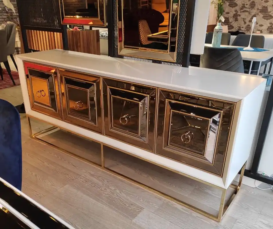 Billig Casa Padrino Luxus Sideboard mit 4 verspiegelten Türen Weiß / Gold 208 x 49 x H. 88 cm - Luxus Wohnzimmer Möbel