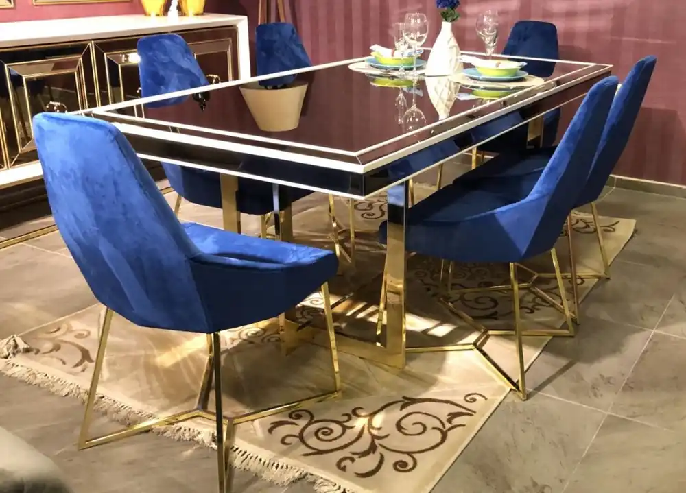 Schnäppchen Casa Padrino Luxus Esszimmer Set Blau / Weiß / Gold - 1 Esszimmertisch & 6 Esszimmerstühle - Luxus Esszimmer Möbel