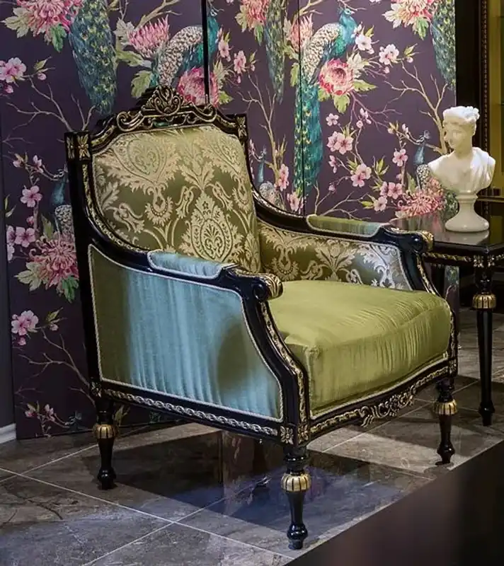 Markenprodukt Casa Padrino Luxus Barock Sessel Grün / Schwarz / Gold 75 x 74 x H. 106 cm - Edler Massivholz Sessel mit elegantem Muster - Wohnzimmer Möbel im Barockstil