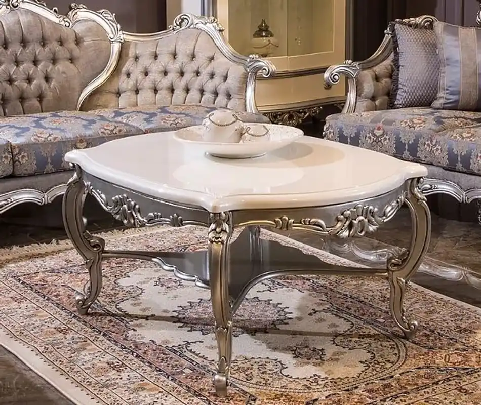 Nur Heute Casa Padrino Luxus Barock Couchtisch Weiß / Silber 118 x 89 x H. 58 cm - Massivholz Wohnzimmertisch - Barockstil Möbel