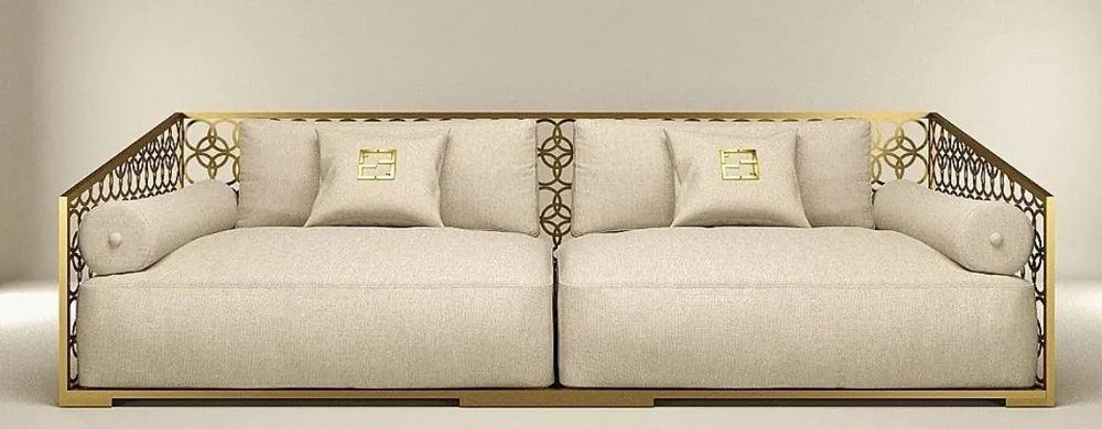 Mega-Angebot Casa Padrino Luxus 3er Sofa Elfenbeinfarben / Champagner-Gold 325 x 109 cm - Handgefertigtes Sofa mit Kissen - Wohnzimmer Sofa - Garten Sofa - Terrassen Sofa - Hotel Möbel - Luxus Qualität