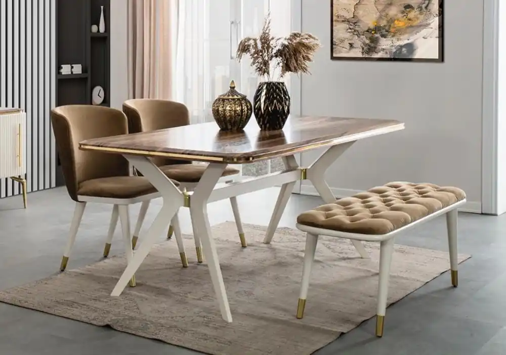 Casa Padrino Luxus Art Deco Esszimmer Set Braun / Weiß / Gold - 1 Esszimmertisch & 4 Esszimmerstühle & 1 Sitzbank - Art Deco Esszimmer Möbel Nur Heute