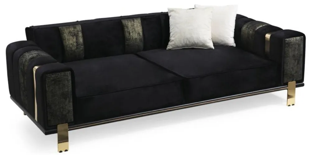 Casa Padrino Luxus Wohnzimmer Sofa mit verstellbarer Rückenlehne Schwarz / Gold 223 x 93 x H. 76 cm - Wohnzimmer Möbel - Luxus Möbel Nur Heute
