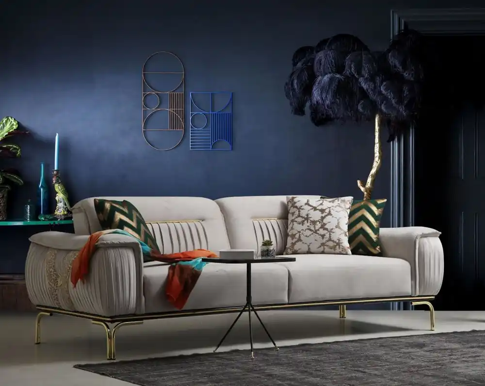 Casa Padrino Luxus Wohnzimmer Sofa mit verstellbarer Rückenlehne Grau / Beige / Gold 223 x 93 x H. 78 cm - Luxus Wohnzimmer Möbel Mega-Angebot