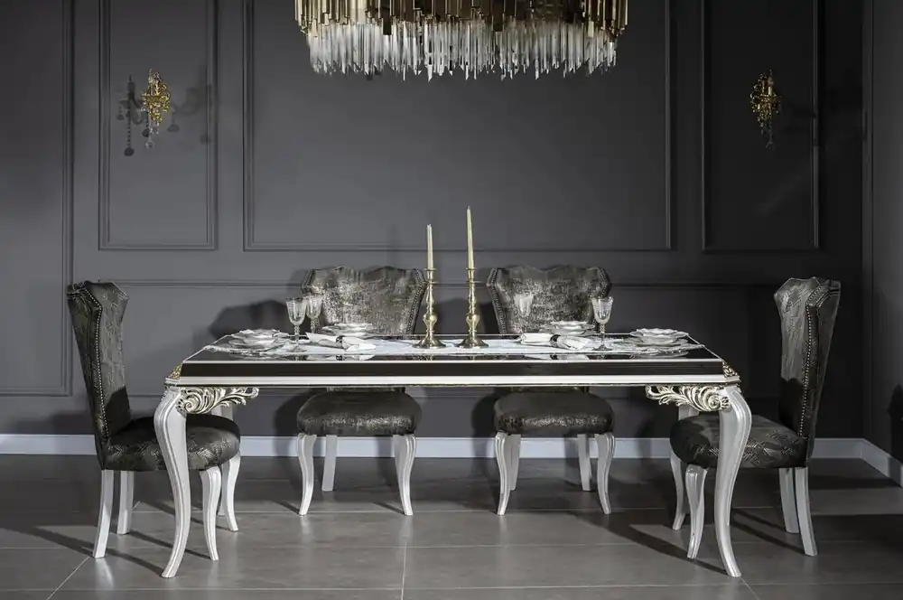 Casa Padrino Luxus Barock Esszimmer Set Grün / Gold / Weiß - 1 Esstisch mit Glasplatte & 6 Esszimmerstühle - Edle Esszimmer Möbel im Barockstil Preiswert