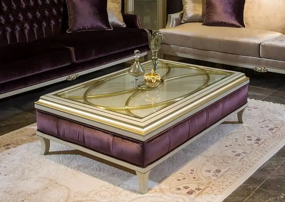 Echt Casa Padrino Luxus Barock Couchtisch Weiß / Lila / Gold 130 x 85 x H. 39 cm - Edler Massivholz Wohnzimmertisch mit Glasplatte - Barock Wohnzimmer Möbel