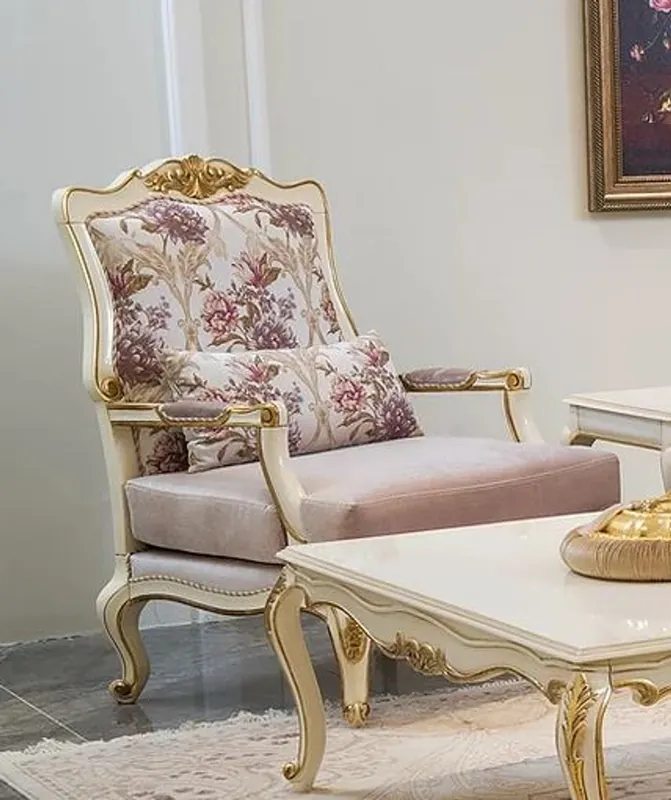 Knallerangebot Casa Padrino Luxus Barock Sessel Rosa / Weiß / Gold 80 x 72 x H. 112 cm - Edler Wohnzimmer Sessel mit Blumenmuster und dekorativem Kissen - Barock Wohnzimmer Möbel