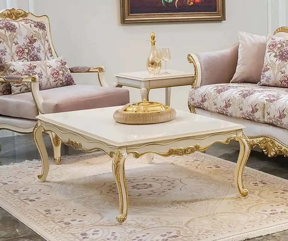 Casa Padrino Luxus Barock Couchtisch Weiß / Gold 121 x 81 x H. 44 cm - Edler Massivholz Wohnzimmertisch im Barockstil - Barock Wohnzimmer Möbel Nur Für Kurze Zeit