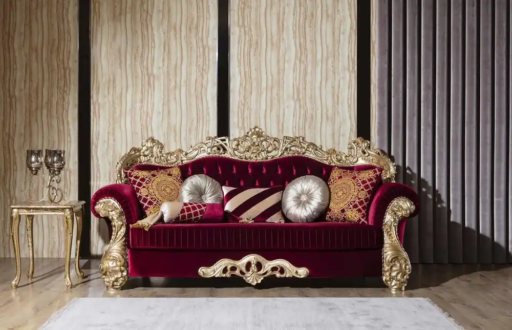 Casa Padrino Luxus Barock Sofa Bordeauxrot / Gold 244 x 95 x H. 123 cm - Prunkvolles Wohnzimmer Sofa mit dekorativen Kissen - Barock Wohnzimmer Möbel Geprüft