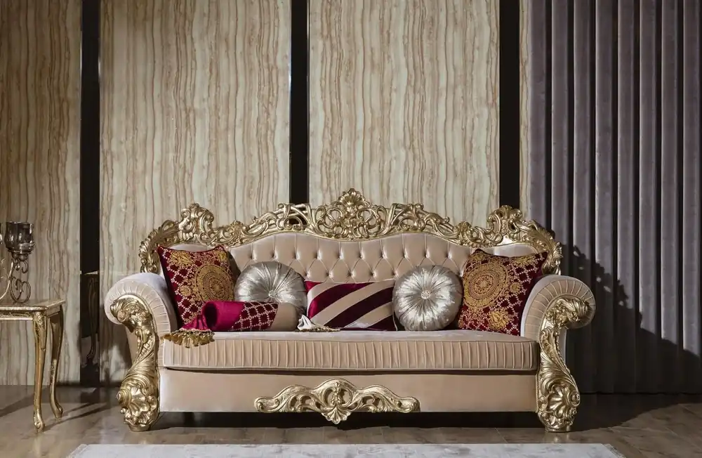 Sonderaktion Casa Padrino Luxus Barock Sofa Beige / Gold 244 x 95 x H. 123 cm - Prunkvolles Wohnzimmer Sofa mit dekorativen Kissen - Barock Wohnzimmer Möbel