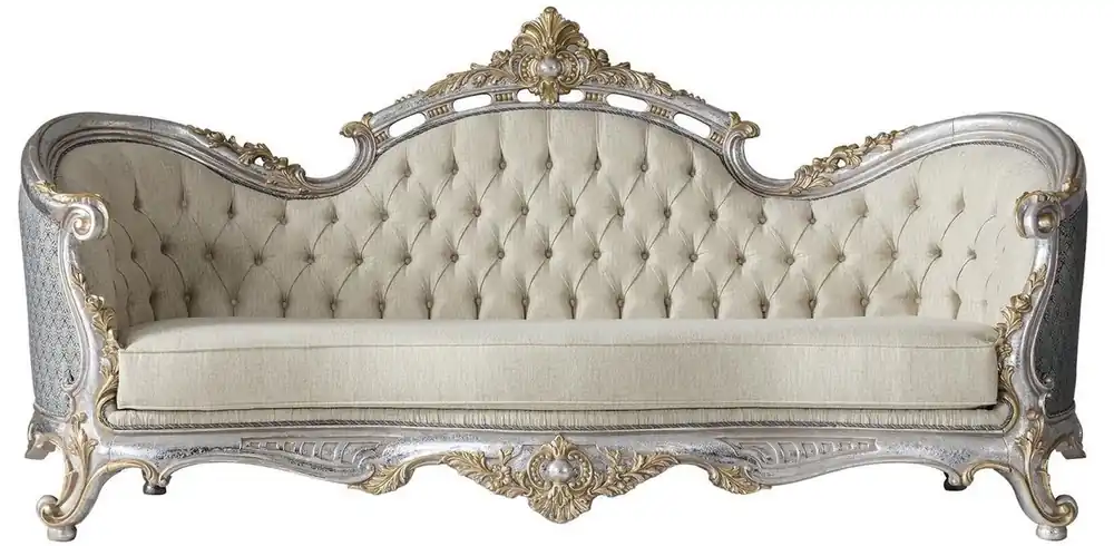 Casa Padrino Luxus Barock Wohnzimmer Sofa mit dekorativen Kissen Creme / Blau / Silber / Gold 250 x 95 x H. 125 cm - Edel & Prunkvoll Nur Heute