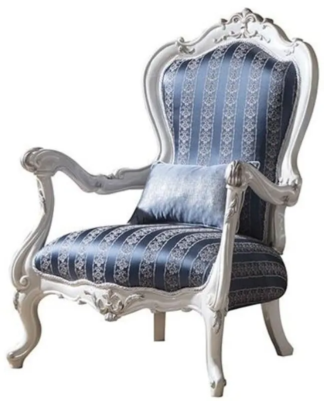 Sichere Zahlung Casa Padrino Luxus Barock Wohnzimmer Sessel mit dekorativem Kissen Blau / Weiß / Silber 80 x 75 x H. 120 cm - Prunkvolle Barock Möbel