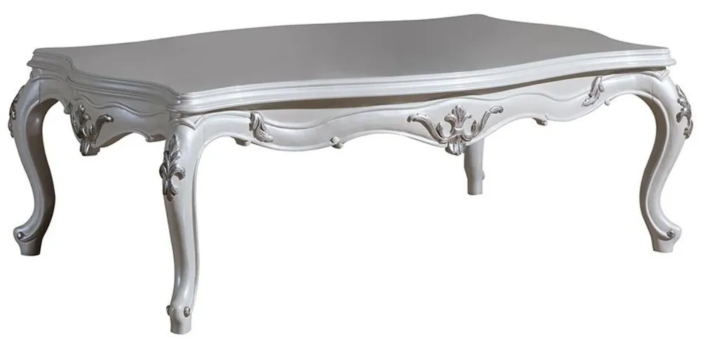 Billig Casa Padrino Luxus Barock Couchtisch Weiß / Silber 125 x 85 x H. 47 cm - Rechteckiger Massivholz Wohnzimmertisch - Prunkvolle Barock Möbel