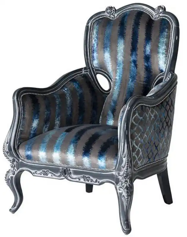 Preisreduziert Casa Padrino Luxus Barock Wohnzimmer Sessel Grau / Blau / Grau 80 x 80 x H. 116 cm - Edler Massivholz Sessel mit Streifen - Barockstil Wohnzimmer Möbel