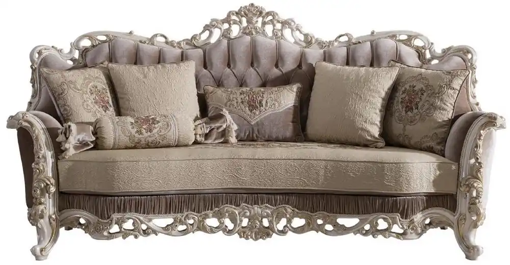 Neu Im Sortiment Casa Padrino Luxus Barock Wohnzimmer Sofa mit dekorativen Kissen Braun / Beige / Weiß / Gold 240 x 90 x H. 120 cm - Edle Barock Wohnzimmer Möbel