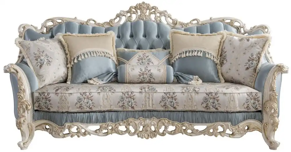 Bestpreis Casa Padrino Luxus Barock Wohnzimmer Sofa mit dekorativen Kissen Hellblau / Creme / Weiß / Gold 240 x 90 x H. 120 cm - Edle Barock Wohnzimmer Möbel
