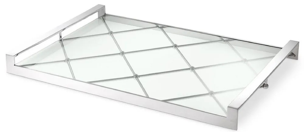 Casa Padrino Luxus Serviertablett Silber 48 x 34 x H. 4 cm - Edelstahl Tablett mit gehärteter Glasplatte - Gastronomie Accessoires - Luxus Qualität Sofort Bestellen