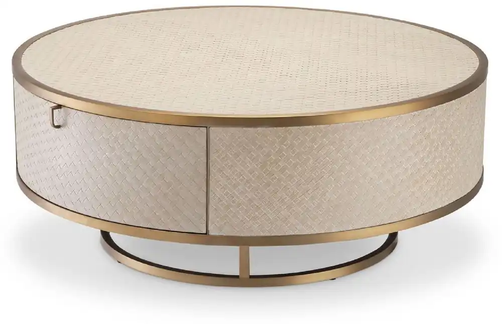 Casa Padrino Luxus Couchtisch Beige / Messingfarben Ø 100 x H. 40,5 cm - Runder Wohnzimmertisch mit 2 Schubladen - Luxus Wohnzimmer Möbel Nur Heute
