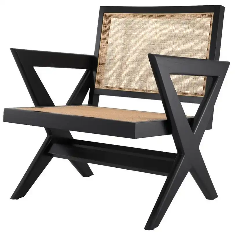 Casa Padrino Luxus Wohnzimmer Sessel Schwarz / Naturfarben 75 x 74 x H. 88 cm - Massivholz Sessel mit Rattangeflecht - Luxus Möbel Highlight