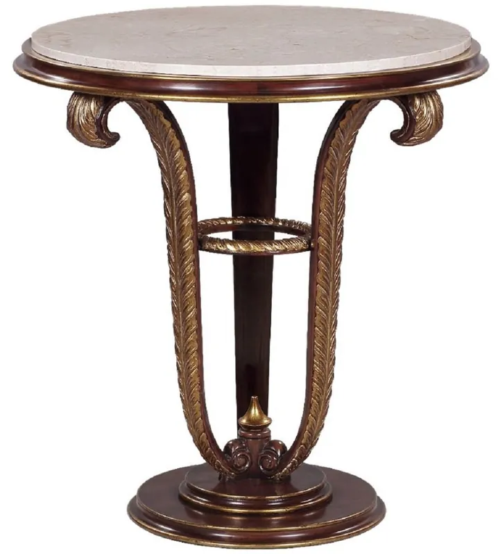 Neu Im Sortiment Casa Padrino Luxus Barock Beistelltisch Braun / Gold / Creme Ø 69 x H. 73 cm - Runder Mahagoni Tisch mit Marmorplatte und dekorativen handgeschnitzten Federn - Barock Wohnzimmer Möbel