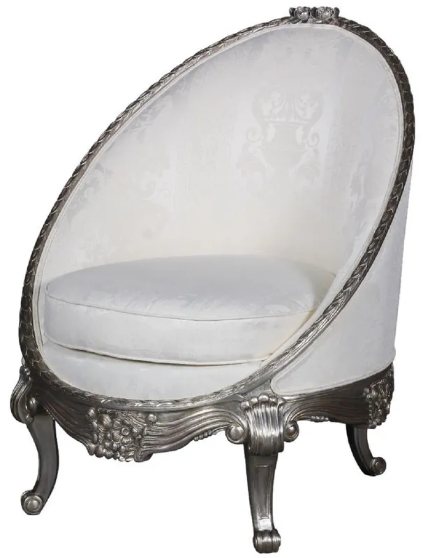 Casa Padrino Luxus Barock Sessel Weiß / Silber 80 x 87 x H. 100 cm - Edler Wohnzimmer Sessel in Eiform - Barock Wohnzimmer Möbel Beliebt
