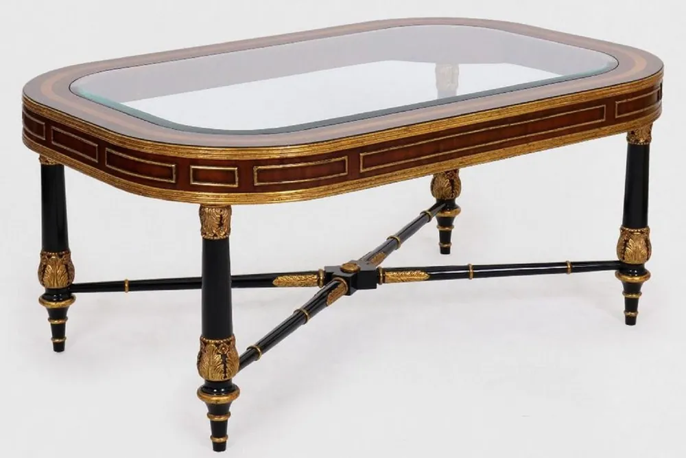 Preiswert Casa Padrino Luxus Barock Couchtisch Braun / Schwarz / Gold 122 x 81 x H. 56 cm - Edler Massivholz Wohnzimmertisch mit Glasplatte - Barock Möbel