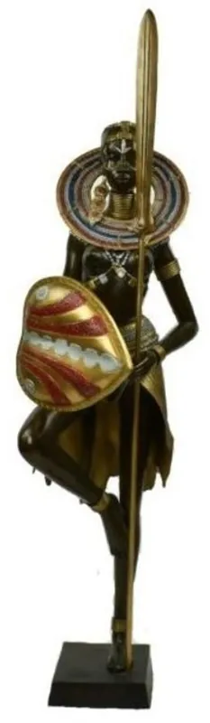 Markenware Casa Padrino Luxus Deko Bronze Skulptur Massai Kriegerin Schwarz / Mehrfarbig / Gold 57 x 45 x H. 170 cm - Große Bronzefigur mit Sockel - Hotel & Restaurant Dekofigur - Luxus Qualität