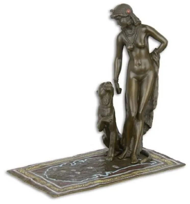 Zertifiziert Casa Padrino Luxus Bronzefigur Kleopatra mit Panther Bronzefarben / Braun / Gold 17,1 x 10 x H. 16,8 cm - Elegante Dekofigur - Schreibtisch Deko